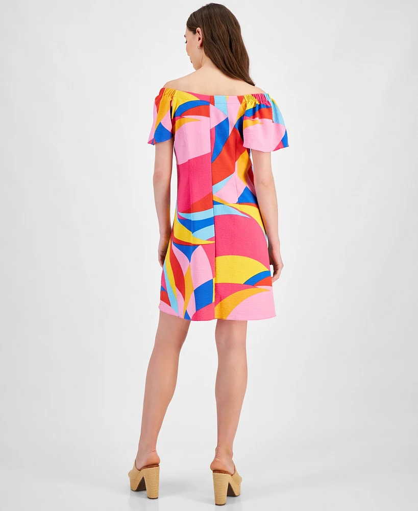 Robbie Bee Petite Printed Off-The-Shoulder Swing Dress