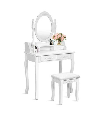 Sugift Wood Vanity Table Set with Oval Mirror and 4 Drawers for Kids Girls Women