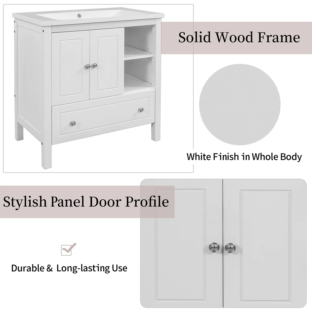 30" Bathroom Vanity Set with Solid Wood Frame & Ceramic Sink