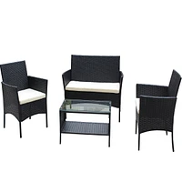 4 Piece Rattan Patio Furniture Set Outdoor Patio Cushioned Seat Wicker Sofa (Cushion)