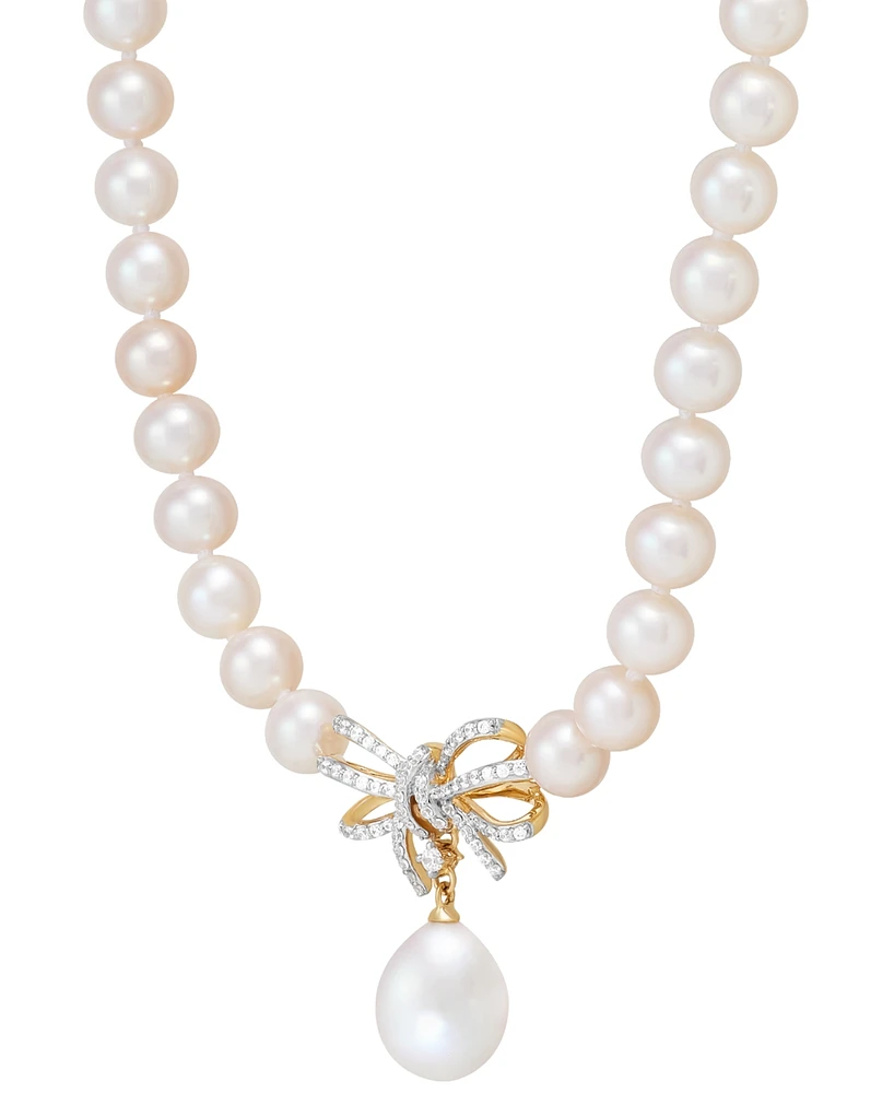 Honora Cultured Freshwater Pearl (5 & 8-1/2mm) & Diamond (1/5 ct. t.w.) Ribbon 17" Collar Necklace in 10k Gold