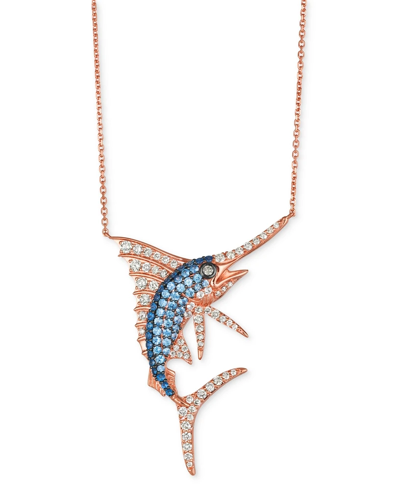 Le Vian Denim Ombre Sapphire (3/4 ct. t.w.), White Sapphire (1/2 ct. t.w.) & Diamond (1-1/6 ct. t.w.) Swordfish 18" Pendant Necklace in 14k Rose Gold