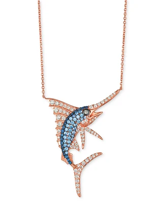 Le Vian Denim Ombre Sapphire (3/4 ct. t.w.), White Sapphire (1/2 ct. t.w.) & Diamond (1-1/6 ct. t.w.) Swordfish 18" Pendant Necklace in 14k Rose Gold
