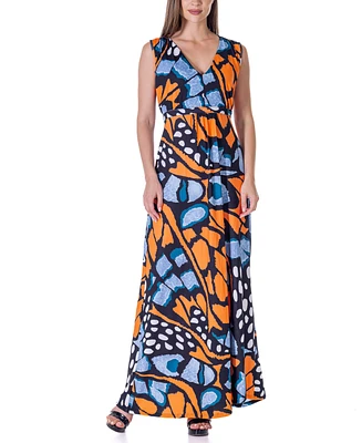 24seven Comfort Apparel Green V Neck Empire Waist Sleeveless Maxi Dress