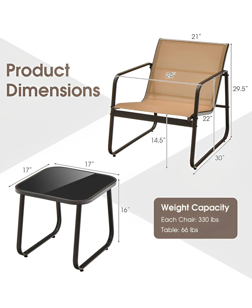 Sugift 3 Pieces Patio Conversation Set with Breathable Fabric and Tabletop