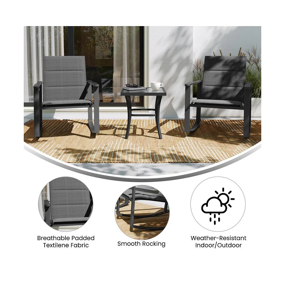 Brevyn 3 Piece Outdoor Bistro Set With Flex Comfort Rocking Chairs And Steel Framed Glass Top Table