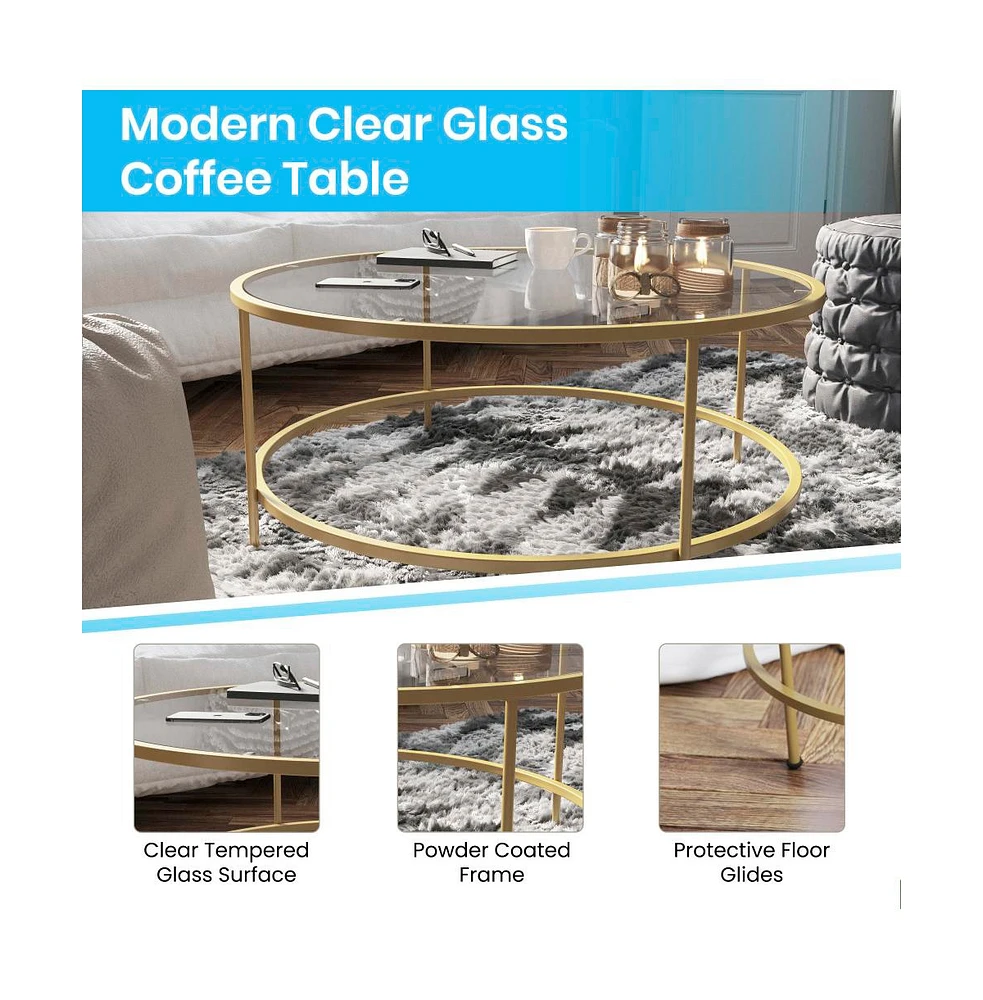 Newbury Glass Coffee Table With Round Matte Frame And Vertical Legs