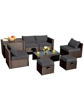 Gymax 8PCS Patio Rattan Pe Wicker Conversation Set All-Weather Furniture w/ Cushions Off White