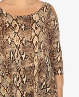 White Mark Plus Snake Print Cold Shoulder Tunic Top
