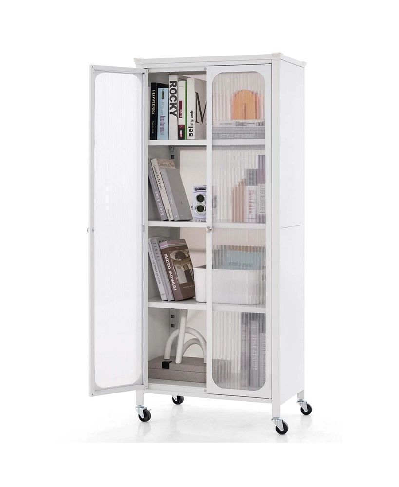 Storage Cabinet with Wheels & 2 Translucent Doors Adjustable Shelves Sideboard