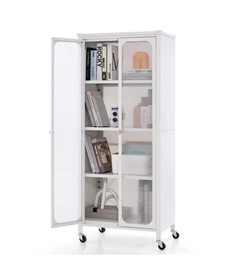 Storage Cabinet with Wheels & 2 Translucent Doors Adjustable Shelves Sideboard