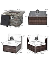 7 Pcs Patio Furniture Set with 50,000 Btu Fire Pit Table Wicker Sofa Cushions