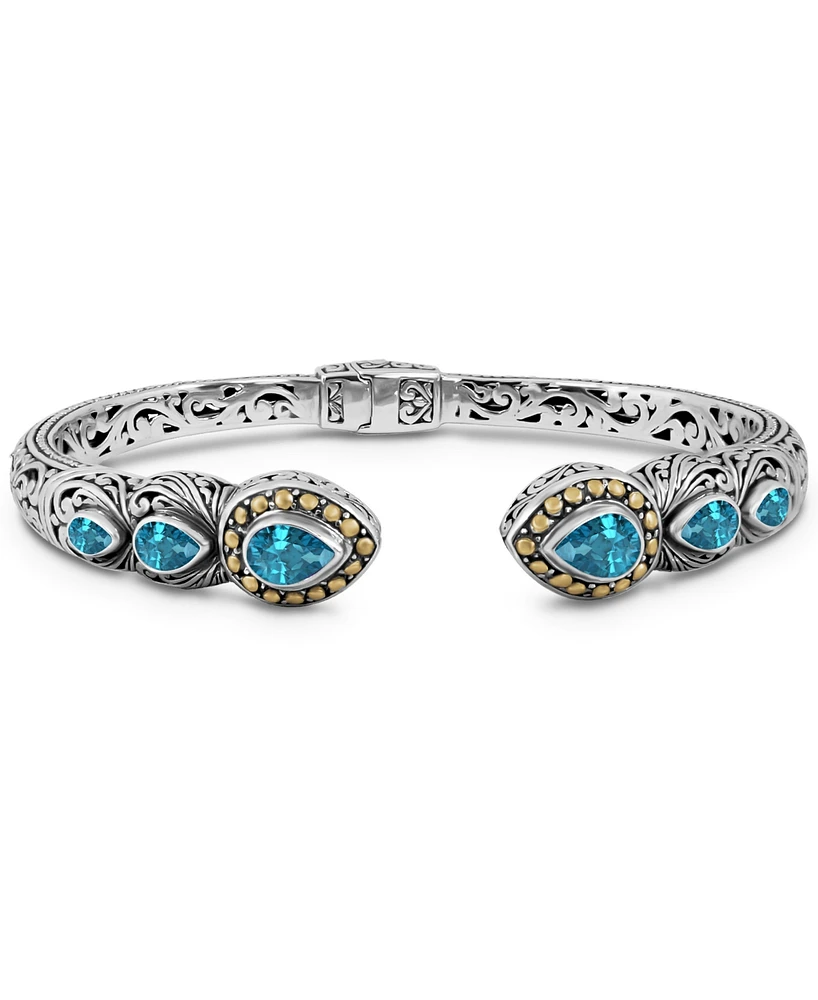 Devata London Blue Topaz & Bali Ubud Cuff Bracelet Sterling Silver and 18K Gold