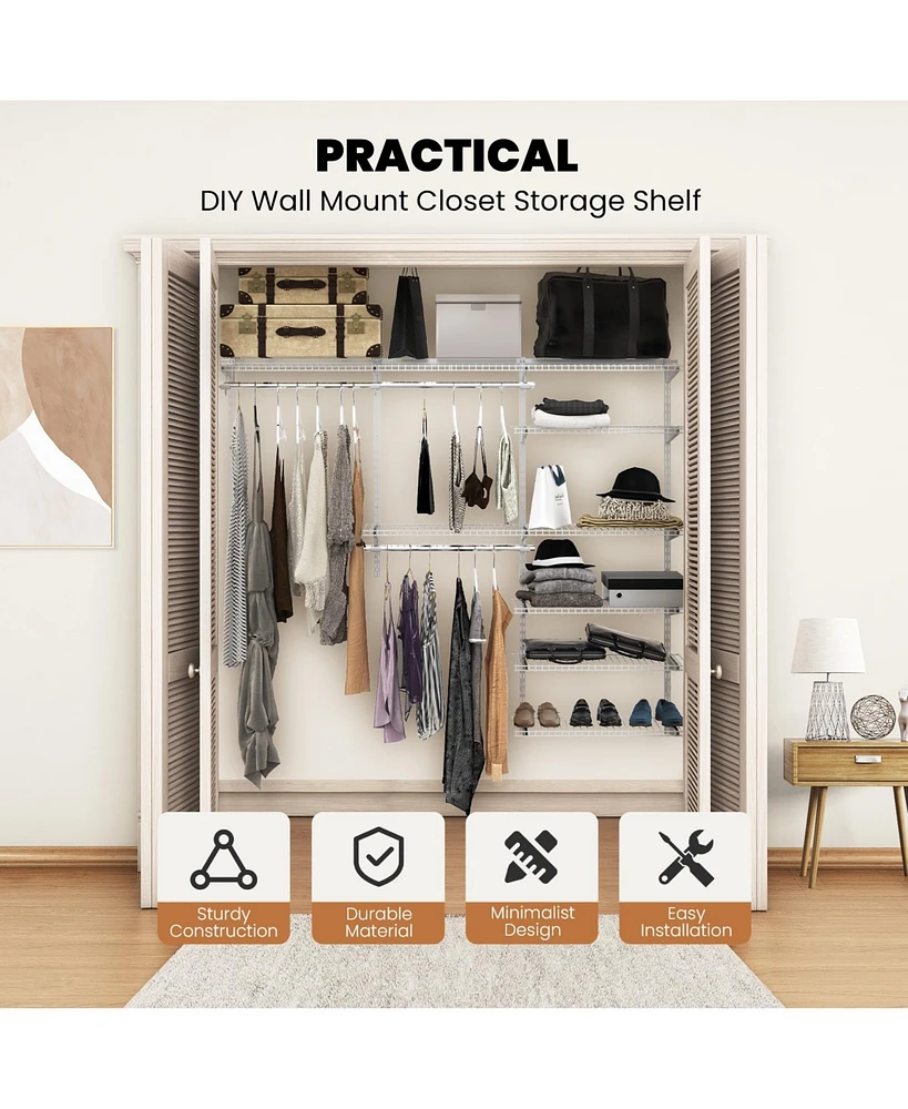 Sugift Adjustable Closet Organizer Kit with Shelves and Hanging Rods for 4 to 6 Feet