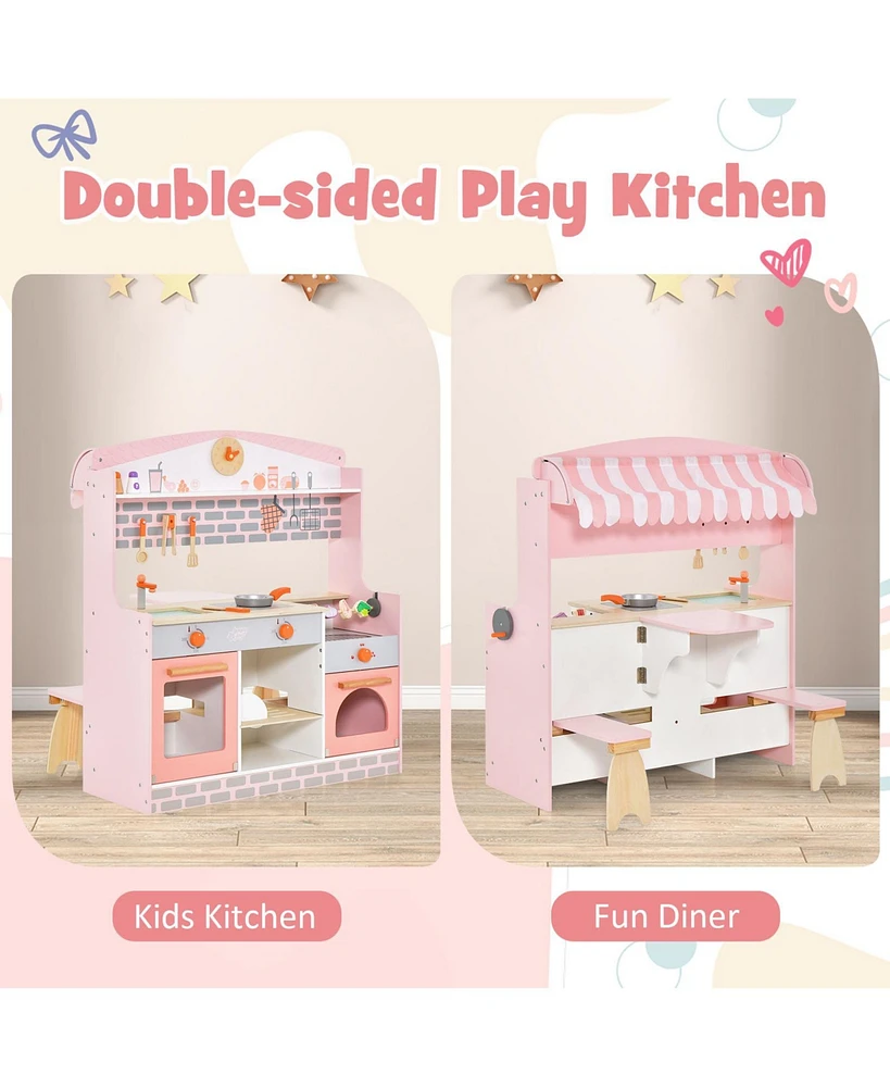 Sugift Double-Sided Kids Play Kitchen Set with Canopy and 2 Seats
