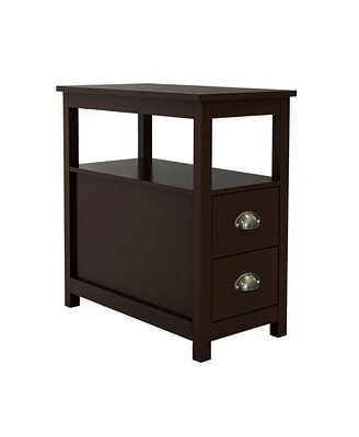 End Table Narrow Nightstand With Two Drawers And Open Shelf-Brown