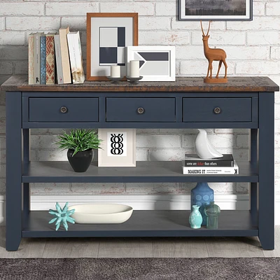 48" Solid Pine Wood Top Console Table, Modern Entryway Sofa Side Table With 3 Storage Drawers