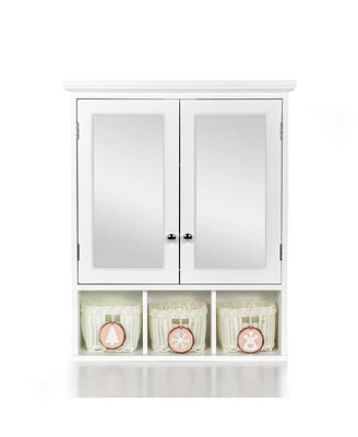 White Wood Wall Cabinet with Mirrored Doors & Storage Baskets