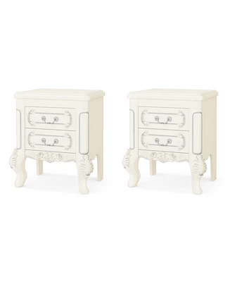 Tribesigns White Nightstand Set of 2, End Table with 2 Drawers, Carved Bedside Tables, Side Table for Bedroom, Living Room, Classic Bedroom Furniture