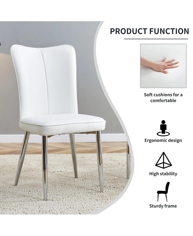 Modern minimalist dining chairs, office chairs. 2piece set of white Pu seats with silver metal legs. Suitable for restaurants, living rooms, and offic