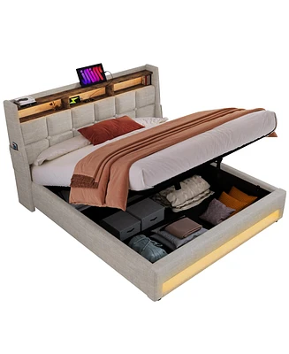 Queen Upholstered Platform Bed with Storage, Led, Usb