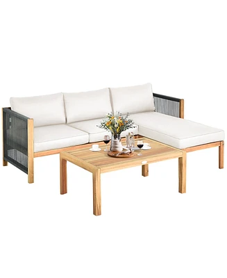 3 Pieces Patio Acacia Wood Sofa Conversation Sets with Nylon Rope Armrest
