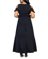 24seven Comfort Apparel Plus Ruffle Cold Shoulder A Line Maxi Dress