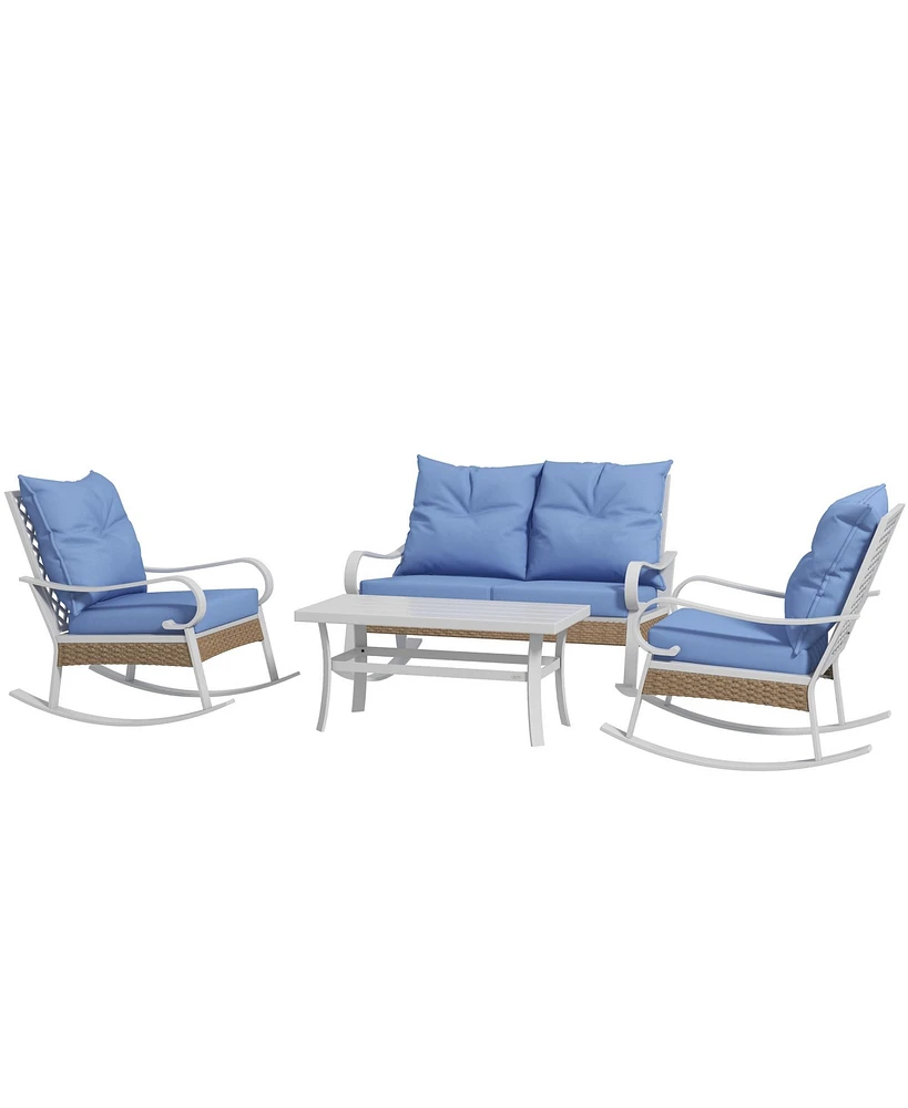 Outsunny 4pc Patio Furniture Set with Loveseat Sofa, Rocking Chairs, Blue