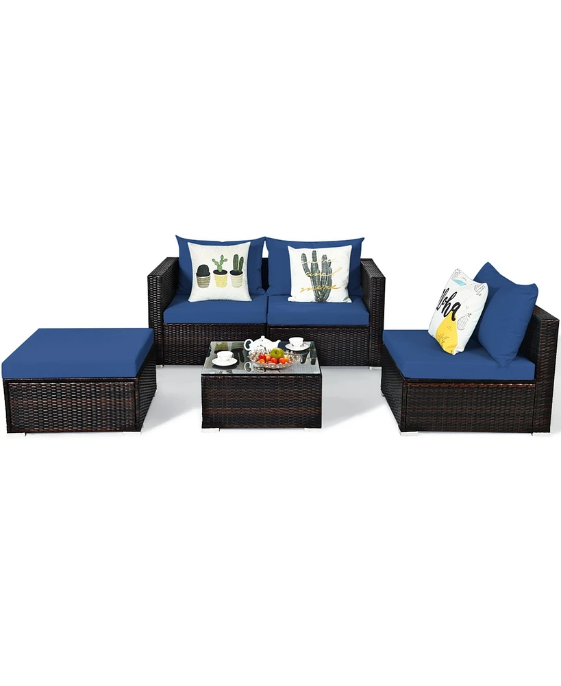 Gymax 5PCS Cushioned Rattan Patio Conversation Set w/ Ottoman Navy Cushion