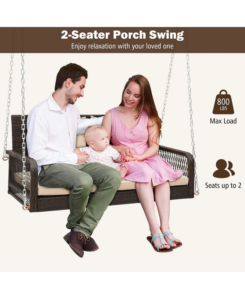 Patio Wicker Porch Swing 2-Person Hanging Loveseat Bench Chair with Cushions