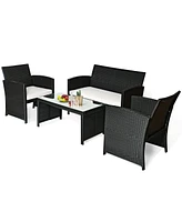 4PCS Patio Rattan Furniture Conversation Set Cushioned Sofa Coffee Table Garden
