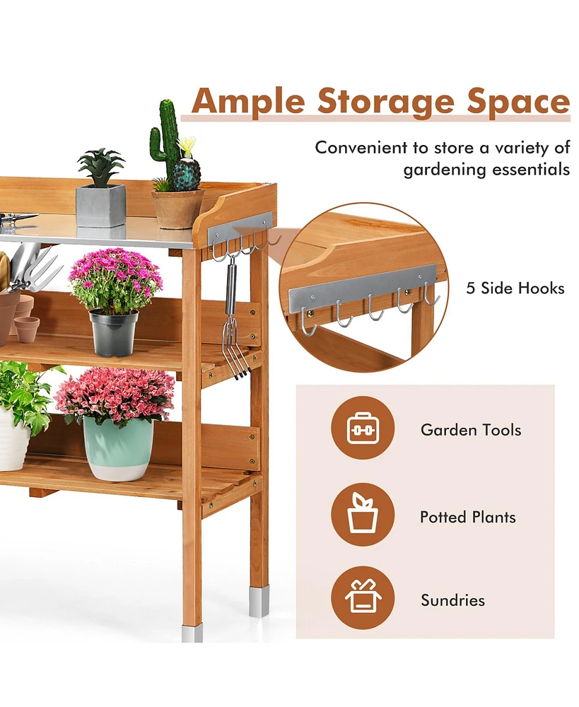 Garden Wooden Potting Bench Work Station Table Tool Storage Shelf W/Hook