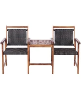 2-Seat Patio Rattan Bench Acacia Wood Frame Table W/Umbrella Hole Deck