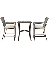 3PCS Patio Rattan Bar Furniture Set Slat Table 2 Cushioned Stools Poolside