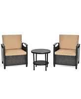 3PCS Patio Rattan Furniture Set Cushioned Sofa Storage Table W/ Shelf Garden