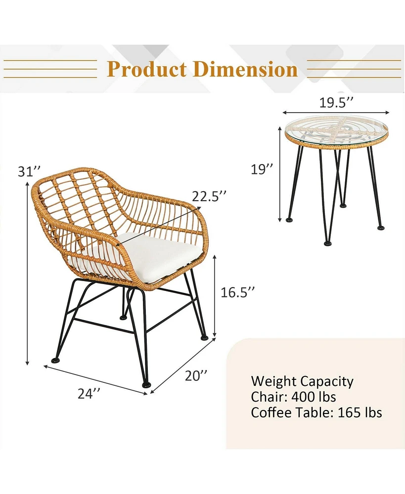 Vebreda 3 Pieces Rattan Furniture Set with Cushioned Chair Table
