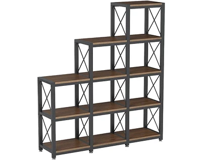 Tribesigns 12 Shelves Bookshelf, Industrial Ladder Corner Bookshelf 9 Cubes Stepped Etagere Bookcase, 5-Tier Display Shelf Storage Organizer for Home