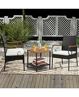 4PCS Patio Pe Wicker Chairs Acacia Wood Armrests with Soft Zippered Cushion Garden