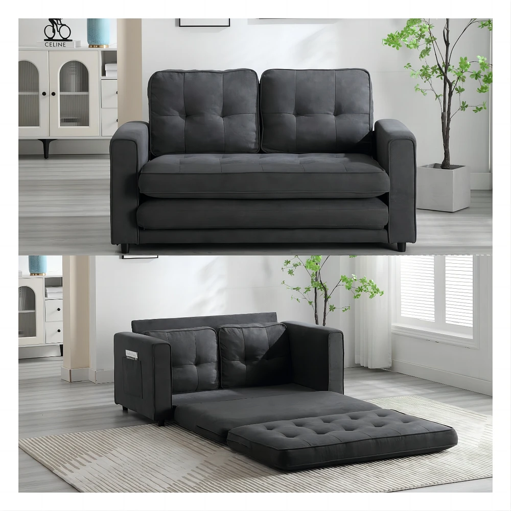 Convertible Sofa Bed Set in Gray & Beige Linen Fabric