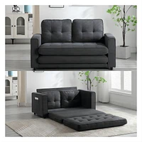 Convertible Sofa Bed Set in Gray & Beige Linen Fabric