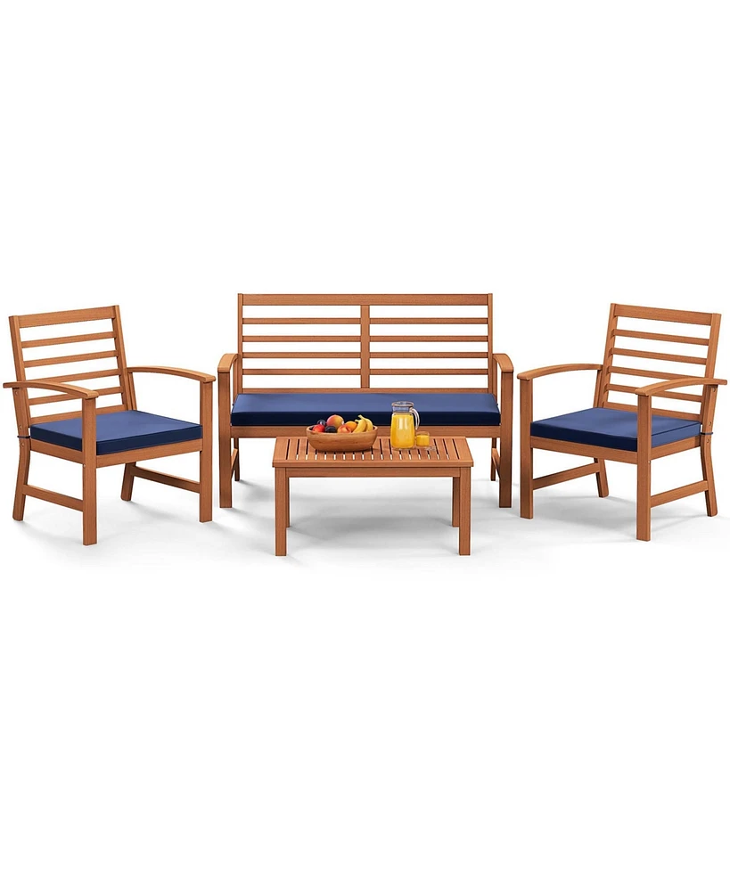 4 Pcs Outdoor Furniture Set with Soft Seat Cushions Stable Acacia Wood Frame