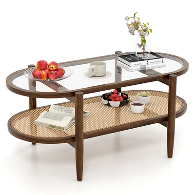 2-Tier Coffee Table Tempered Glass Top with Pe Rattan Shelf & Acacia Wood Frame