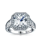 Bling Jewelry Art Deco Style 5CT Cz Side Baguette Stones Halo Square Promise Solitaire Ring .925 Sterling Silver