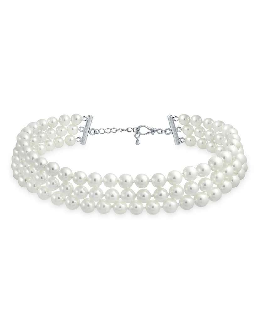 Bling Jewelry Hand Knotted 3 Row White Simulated Pearl Strand Collar Necklace Prom