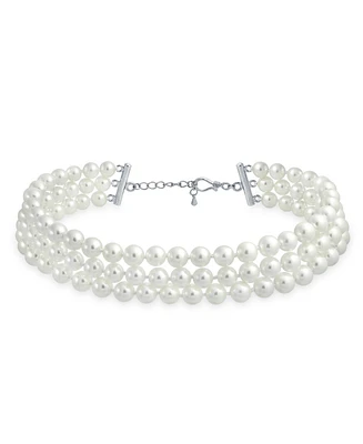 Bling Jewelry Hand Knotted 3 Row White Simulated Pearl Strand Collar Necklace Prom