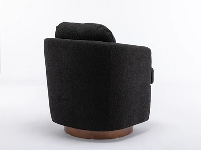 Boucle Fabric Swivel Accent Chair With Soild Wood Round Brown Base Leg