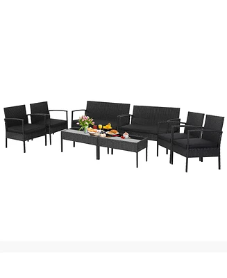 8 Pcs Patio Rattan Furniture Set Cushioned Sofa Armrest Garden Black