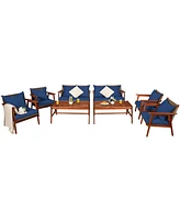 8PCS Patio Rattan Furniture Set Acacia Wood Frame Cushioned Sofa Chair Navy