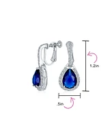 Bling Jewelry 7CT Style Halo Royal Blue Cubic Zirconia Cz Dangle Drop Teardrop Screw Back Clip On Earrings Rhodium Plated
