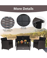 8 Pcs Patio Rattan Furniture Set Glass Table Shelf Sofa Cushion Black